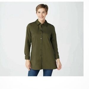 Denim & Co olive green long sleeve buttoned collared tunic length blouse size XL